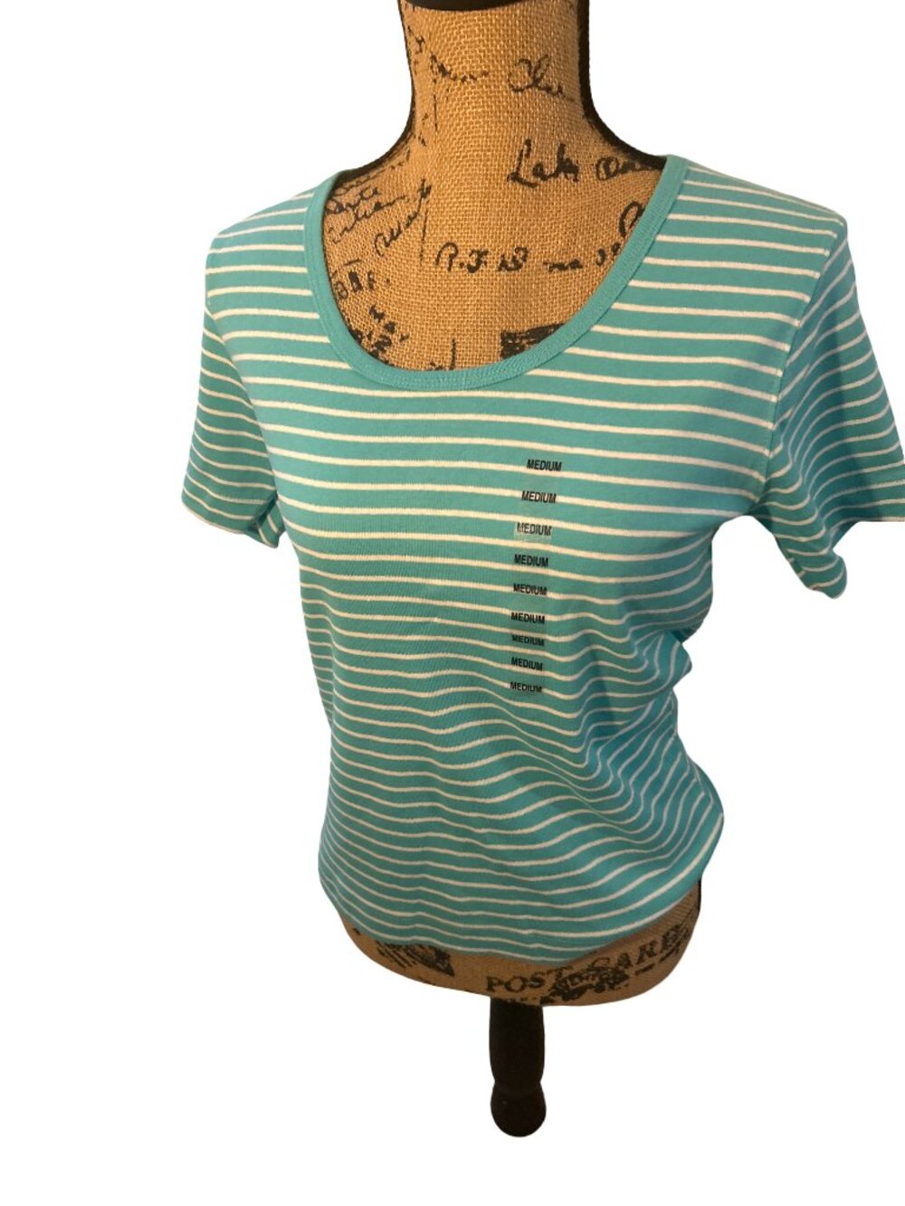 Rare Vintage Pierre Cardin Womens Size M Turquoise Striped Scoop Neck Tee NWT